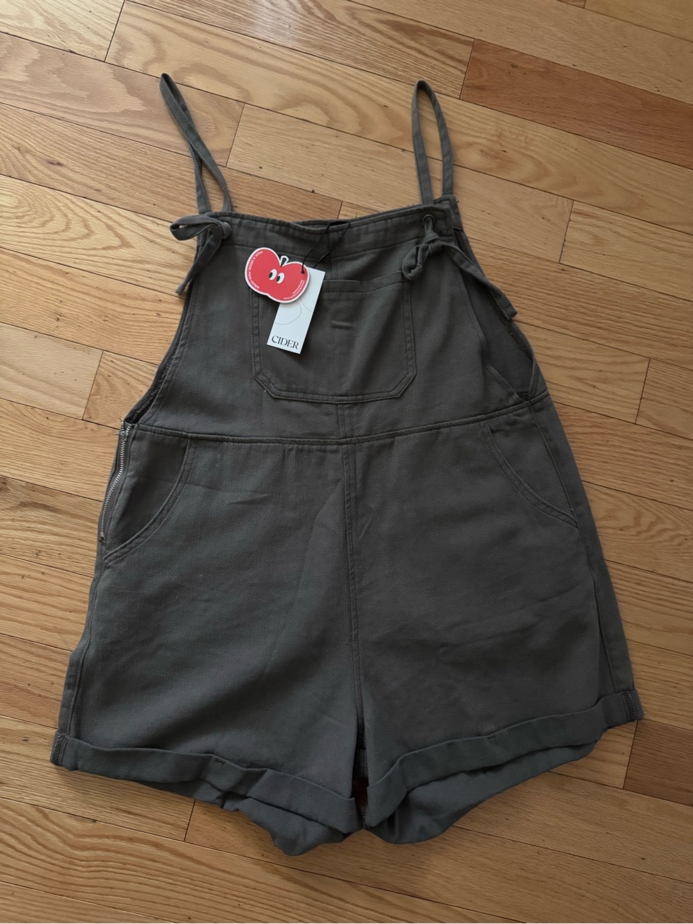 Cider Olive Tie-Shoulder Short Overalls